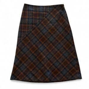 90s Vintage Willi Smith Wool Belnd Brown Black Gray Plaid Midi Skirt